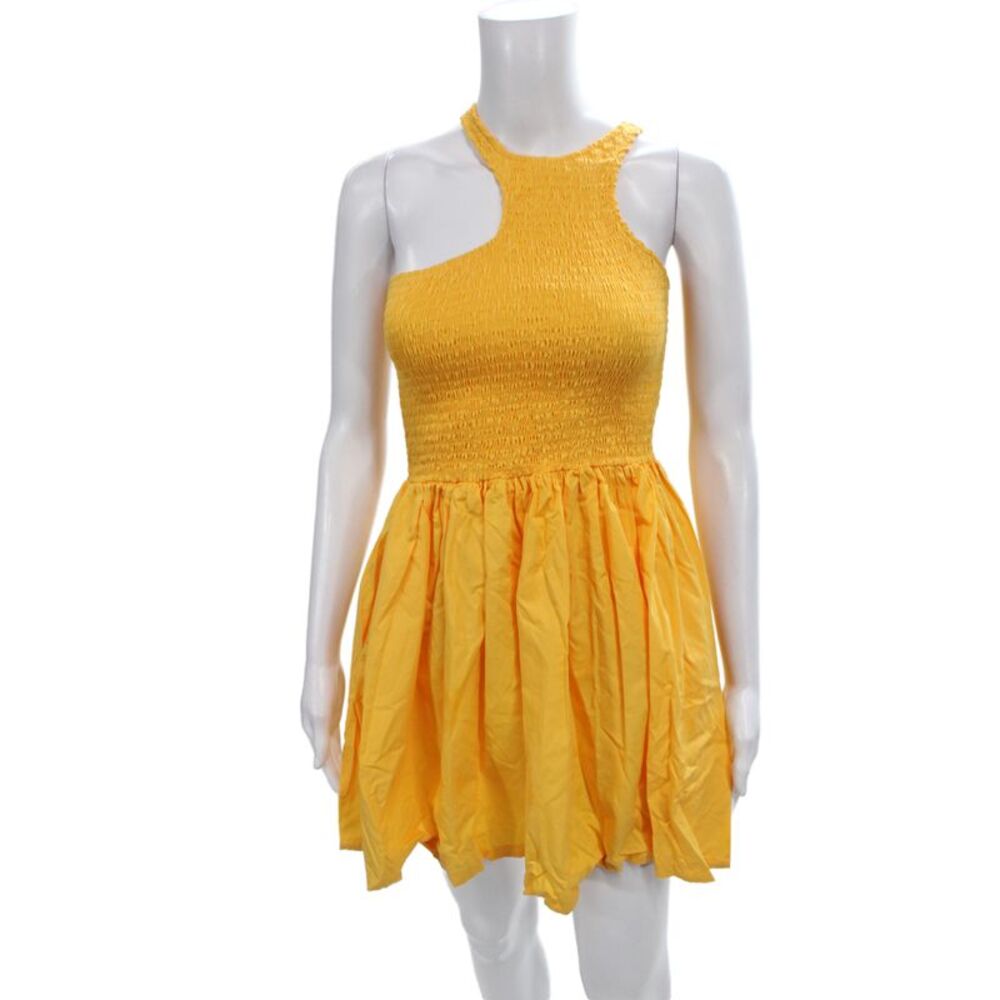 S/W/F Womens One Shoulder Mini Dress Yellow Cotton Sleeveless Beach Size XS